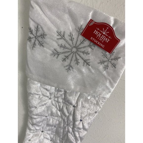 Holiday Time 19” White Quilted Embroidered Silver Snowflake Christmas Stocking - Picture 5 of 7